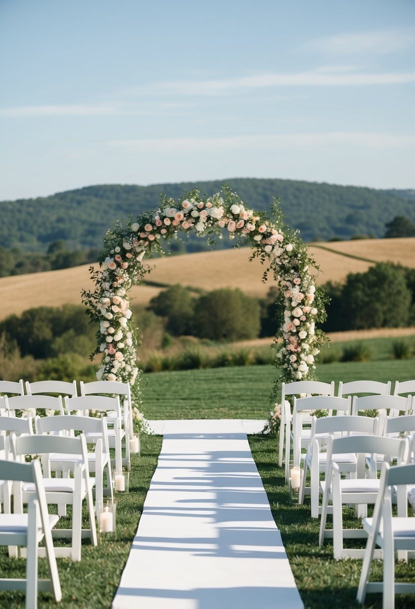 A beautiful outdoor wedding ceremony with a flower-covered arch, rows of white chairs, and a scenic backdrop of rolling hills