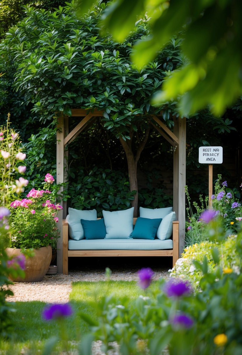 A serene garden with a cozy seating area tucked away under a tree, surrounded by flowers and greenery. A small sign indicates "Rest and Privacy Area."