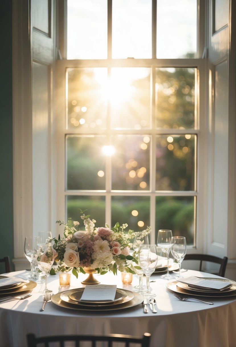 Sunlight streaming through a window onto a table set with wedding decor and flowers