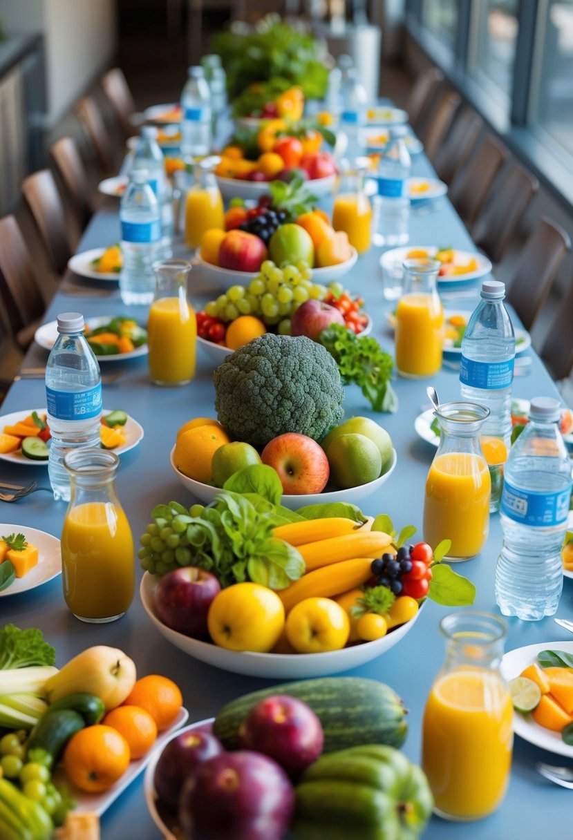 A table set with a variety of colorful fruits and vegetables, surrounded by bottles of water and pitchers of fresh juice