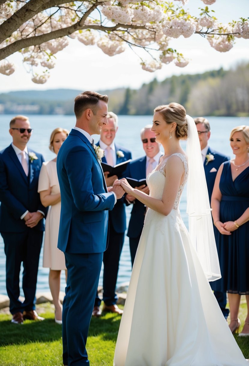 A bride and groom exchanging vows under a blooming tree, surrounded by their loved ones, with a serene lake in the background