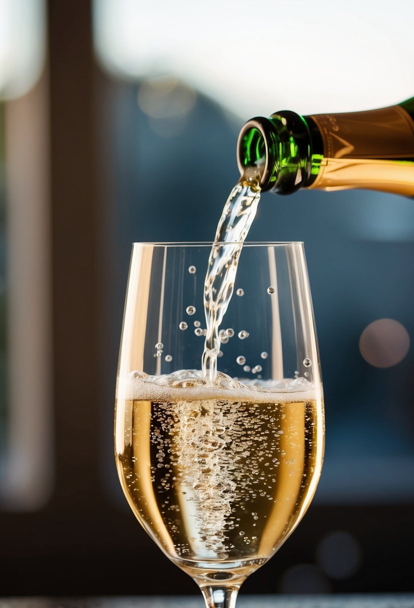 A champagne glass being poured with bubbles rising in slow motion