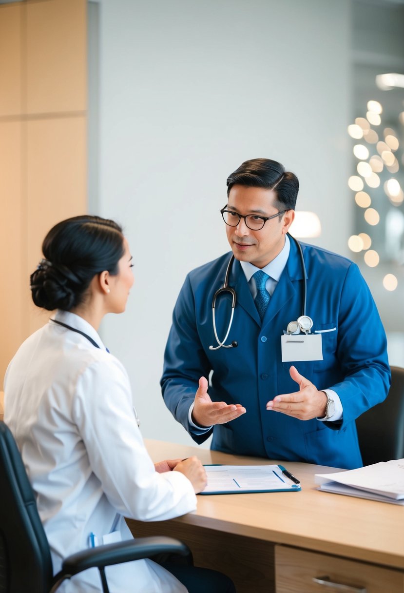 A person speaking with a doctor in a medical office, discussing wedding day tips