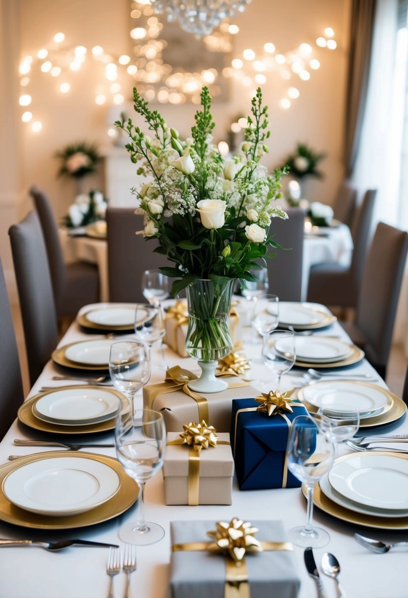 A table set with elegant dinnerware, glassware, and silverware. A vase filled with fresh flowers sits in the center. Wrapped gifts and decorative items are arranged around the table