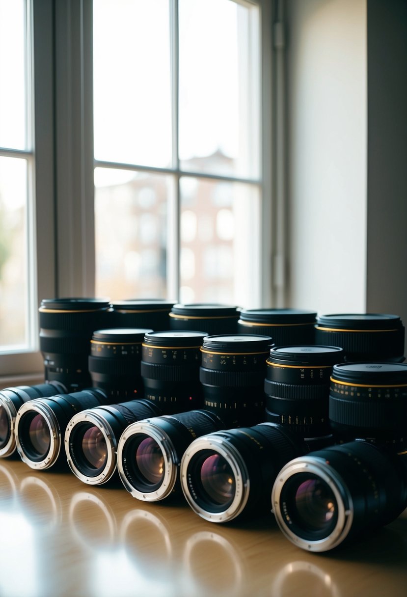 A collection of prime lenses arranged neatly on a table, with soft natural light streaming in from a nearby window, showcasing their quality and craftsmanship