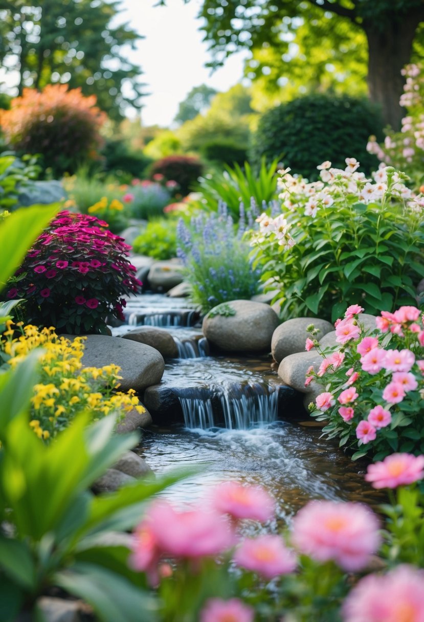 A serene garden with a flowing stream, blooming flowers, and a peaceful atmosphere