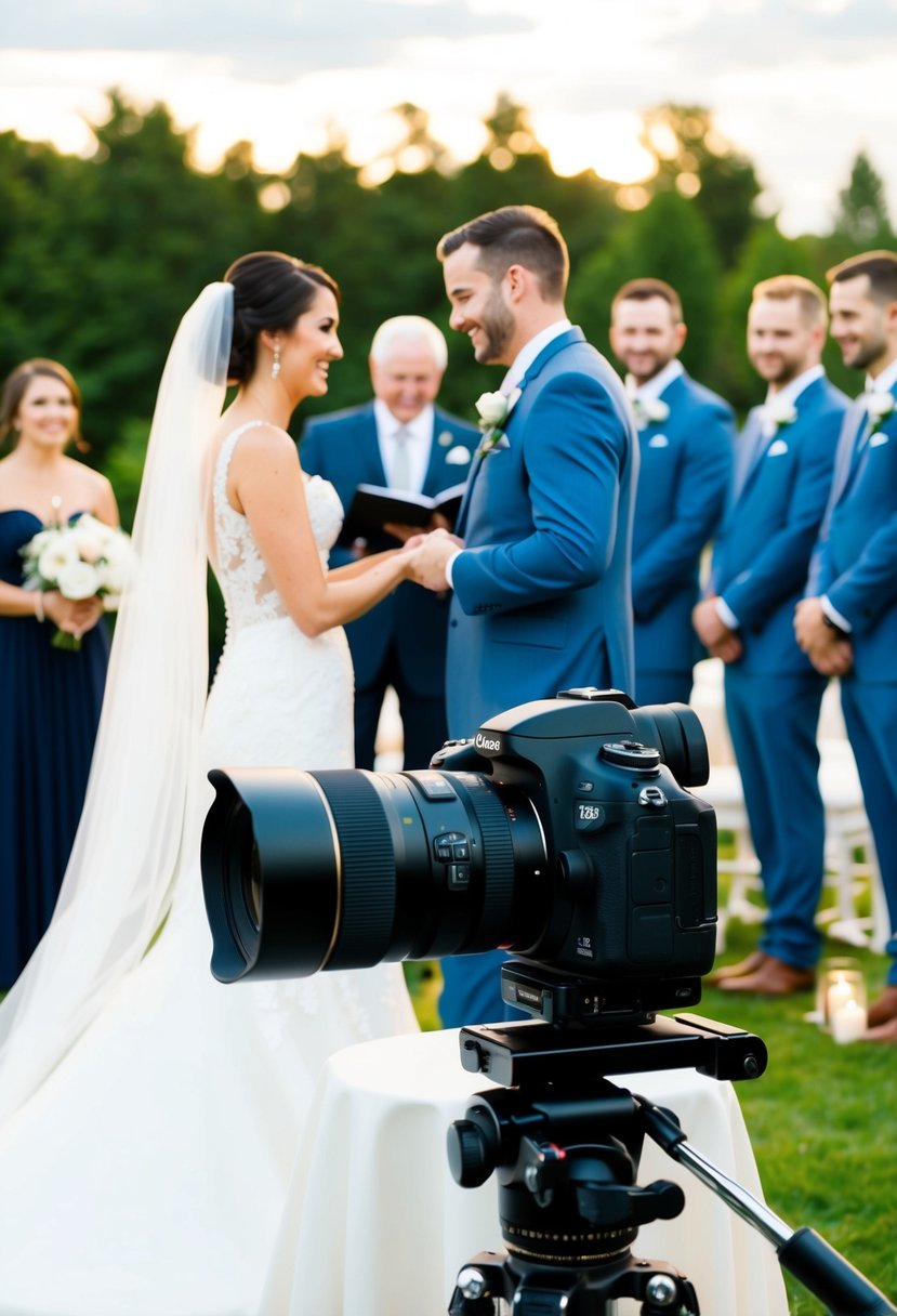 A camera positioned to capture a bride and groom exchanging vows at the altar, with the wedding party and guests in the background