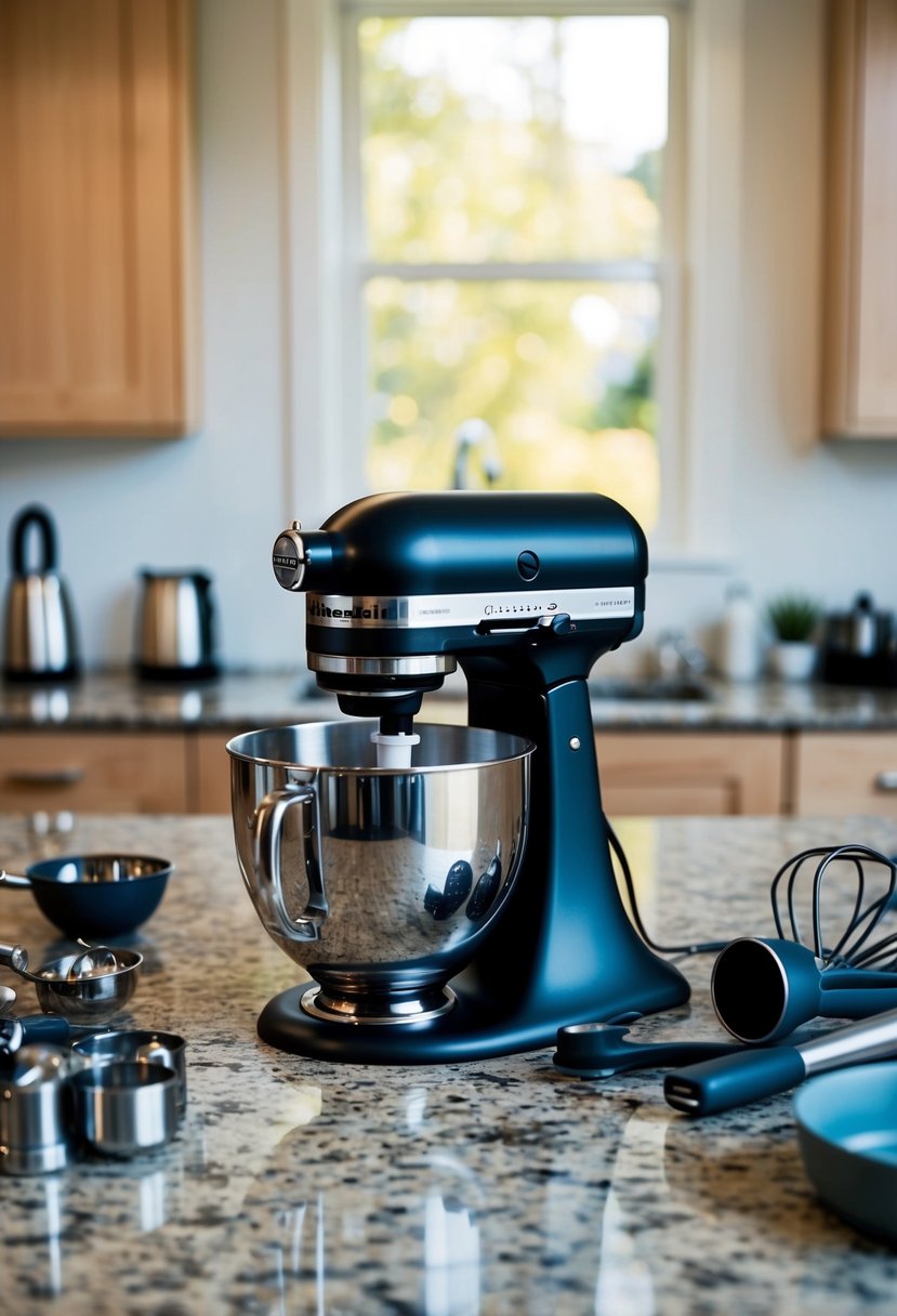 A KitchenAid Stand Mixer sits on a granite countertop surrounded by a collection of sleek, modern kitchen gadgets and utensils