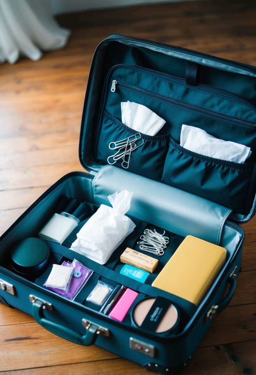 An open suitcase filled with items like safety pins, tissues, sewing kit, and makeup, ready for a bride's emergency needs on her wedding day