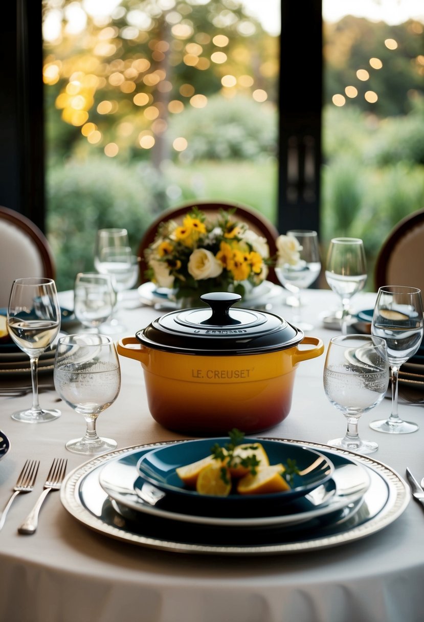 A beautifully set dining table with a Le Creuset Dutch Oven as a centerpiece, surrounded by elegant dinnerware and glassware