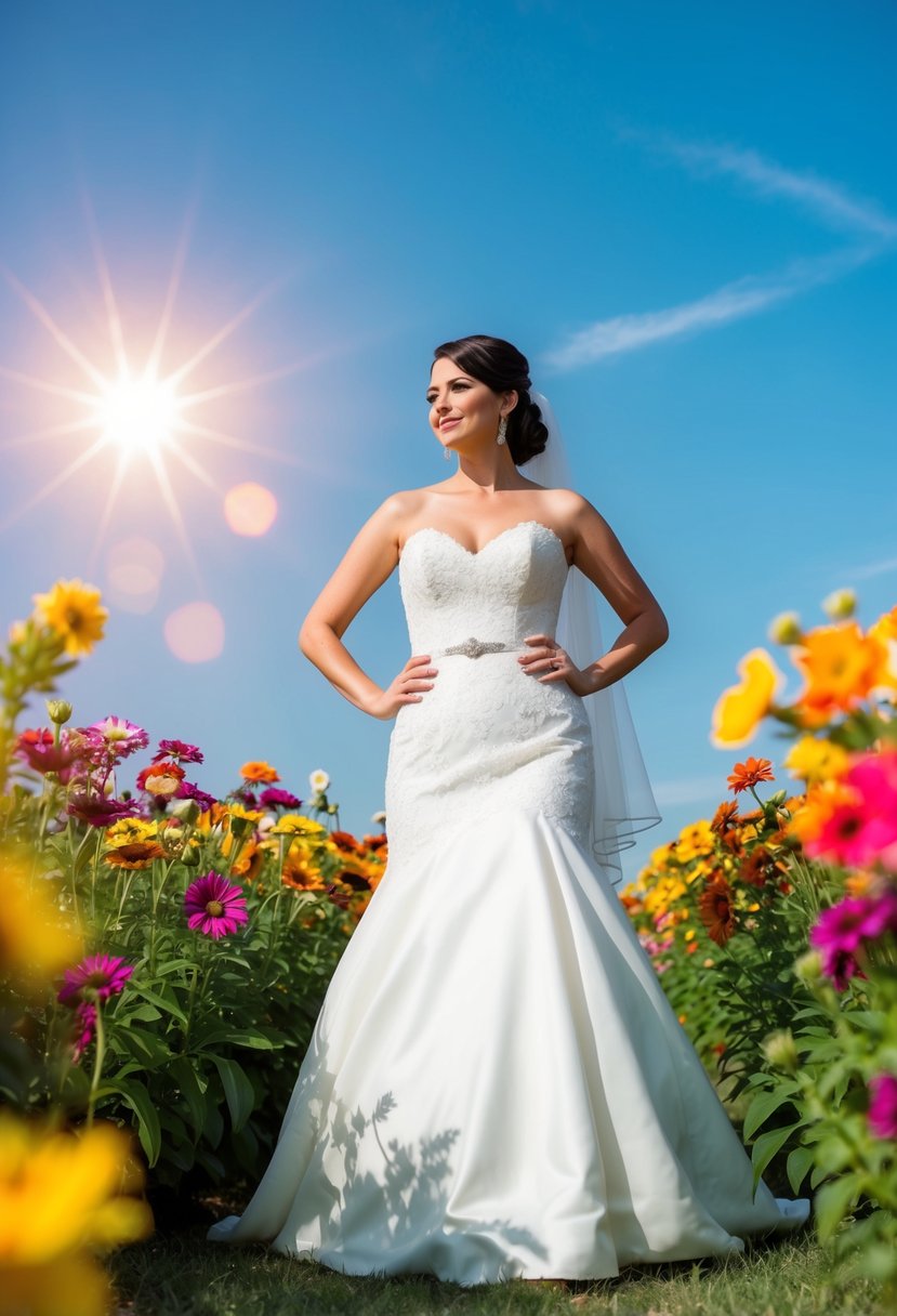 A bride standing confidently, surrounded by colorful flowers and a bright, sunny sky