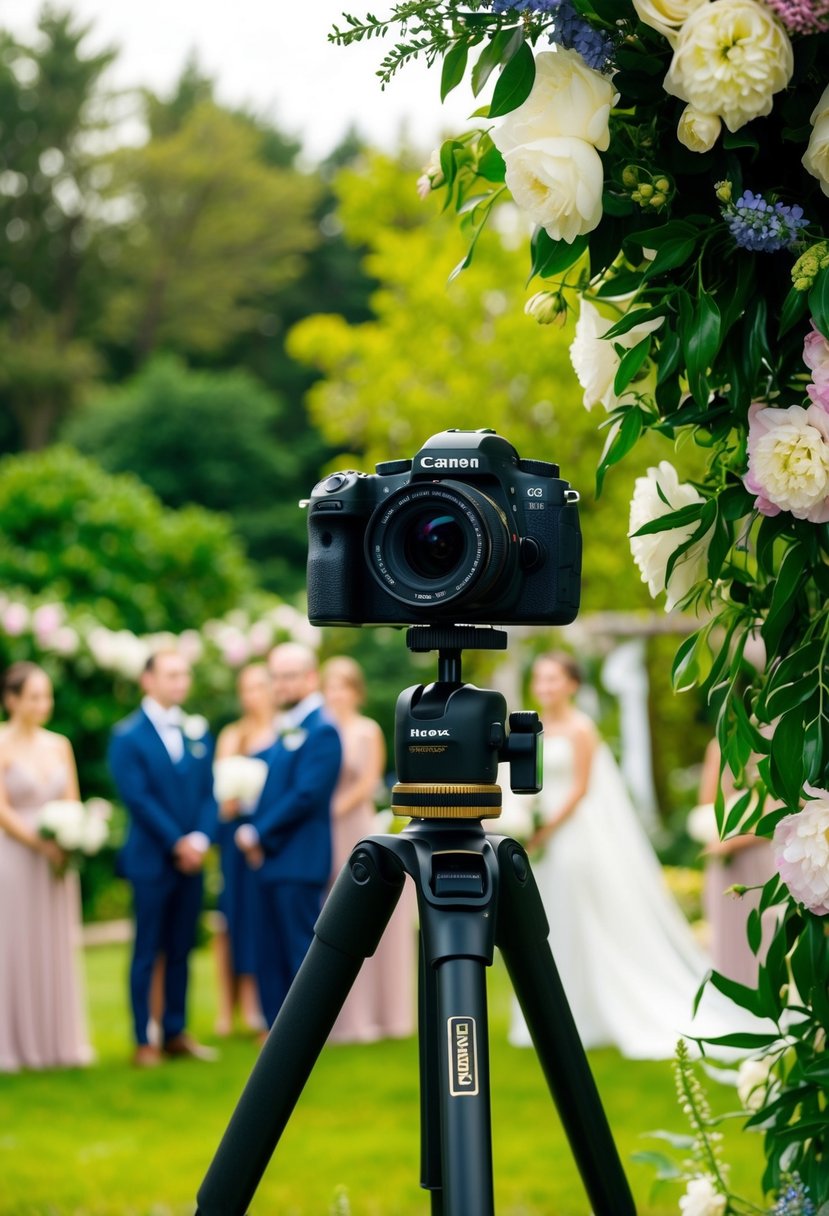 A camera mounted on a stable tripod captures a serene outdoor wedding ceremony, surrounded by lush greenery and blooming flowers