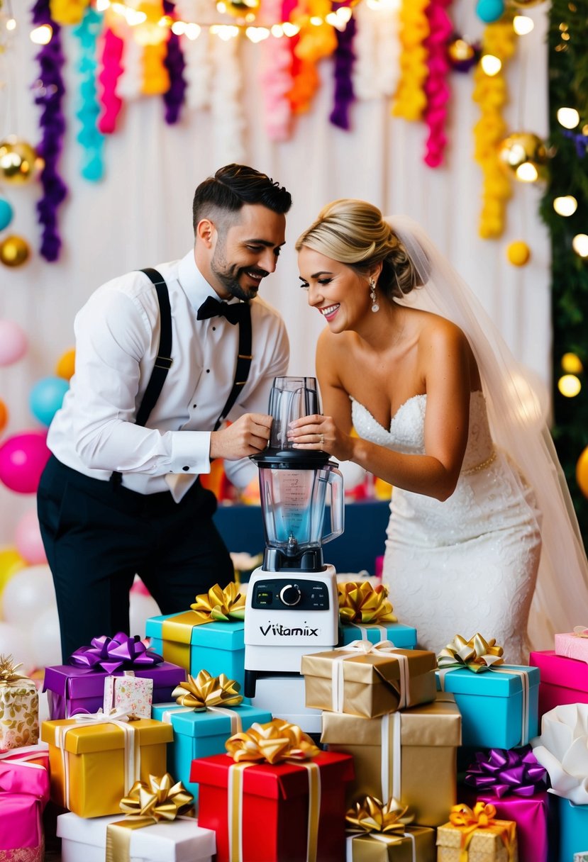 A newlywed couple unwraps a Vitamix blender amidst a pile of wedding gifts, with a backdrop of colorful decorations and celebratory ambiance