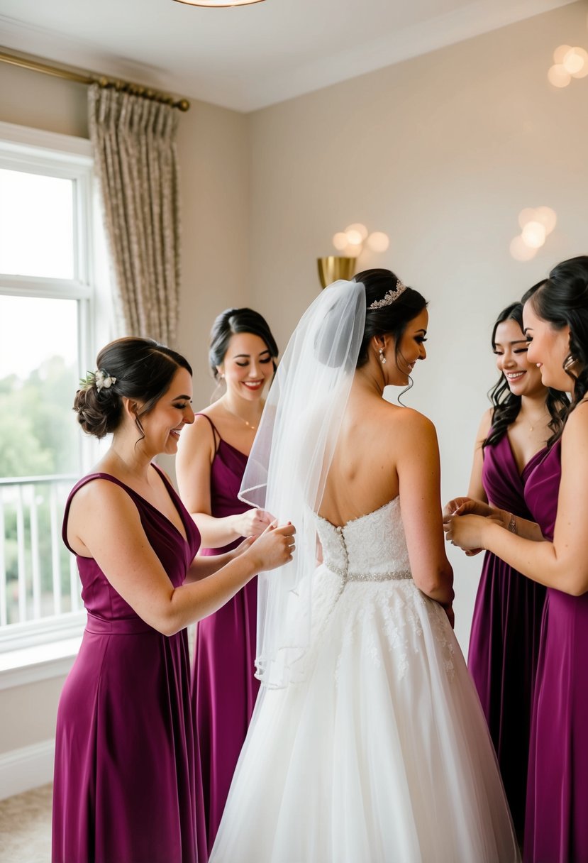 Bridesmaids helping bride with dress and veil before wedding