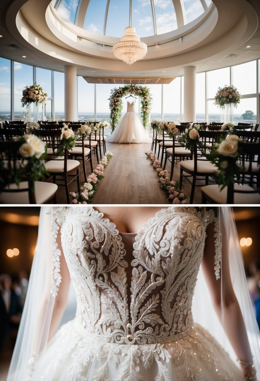 A wide shot of a wedding venue with flowers and decorations, followed by a tight shot of the intricate details on the bride's dress