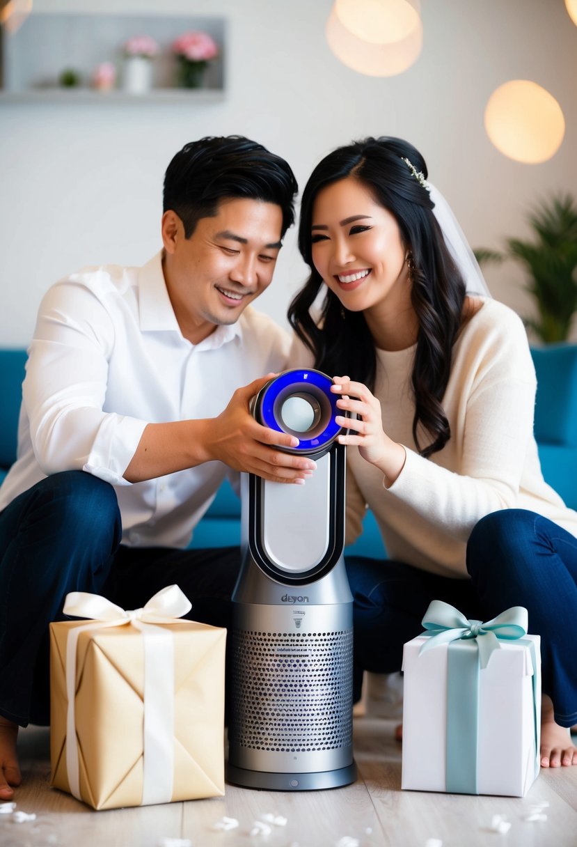 A couple unwraps a Dyson Air Purifier amidst wedding gifts, smiling as they envision a healthier home