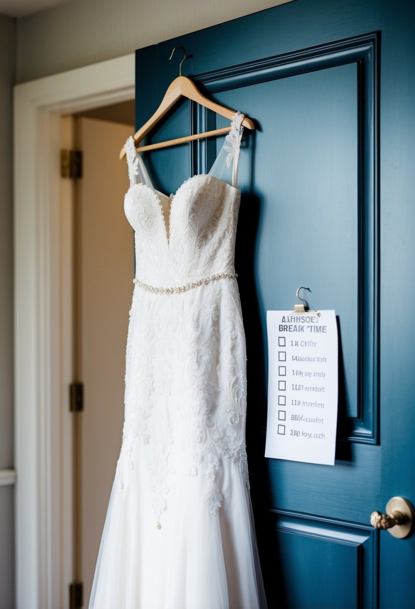 A bride's elegant wedding dress hangs on a door, with a checklist of bathroom break times pinned nearby