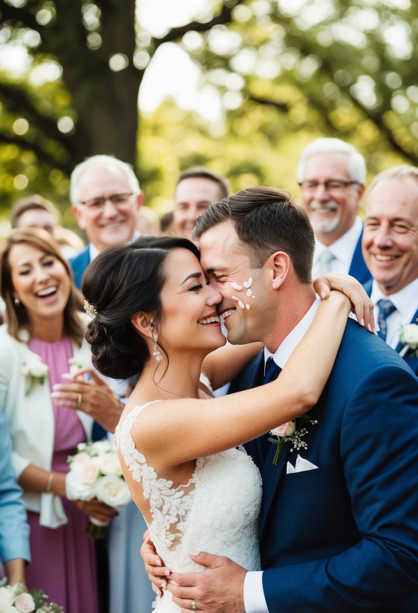 A couple embraces, tears of joy in their eyes, surrounded by happy guests at a wedding ceremony