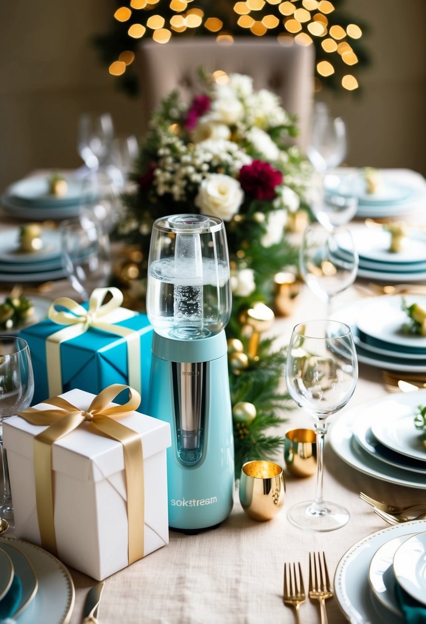 A festive dining table adorned with wedding gifts, including a SodaStream Sparkling Water Maker, surrounded by elegant dinnerware and glassware