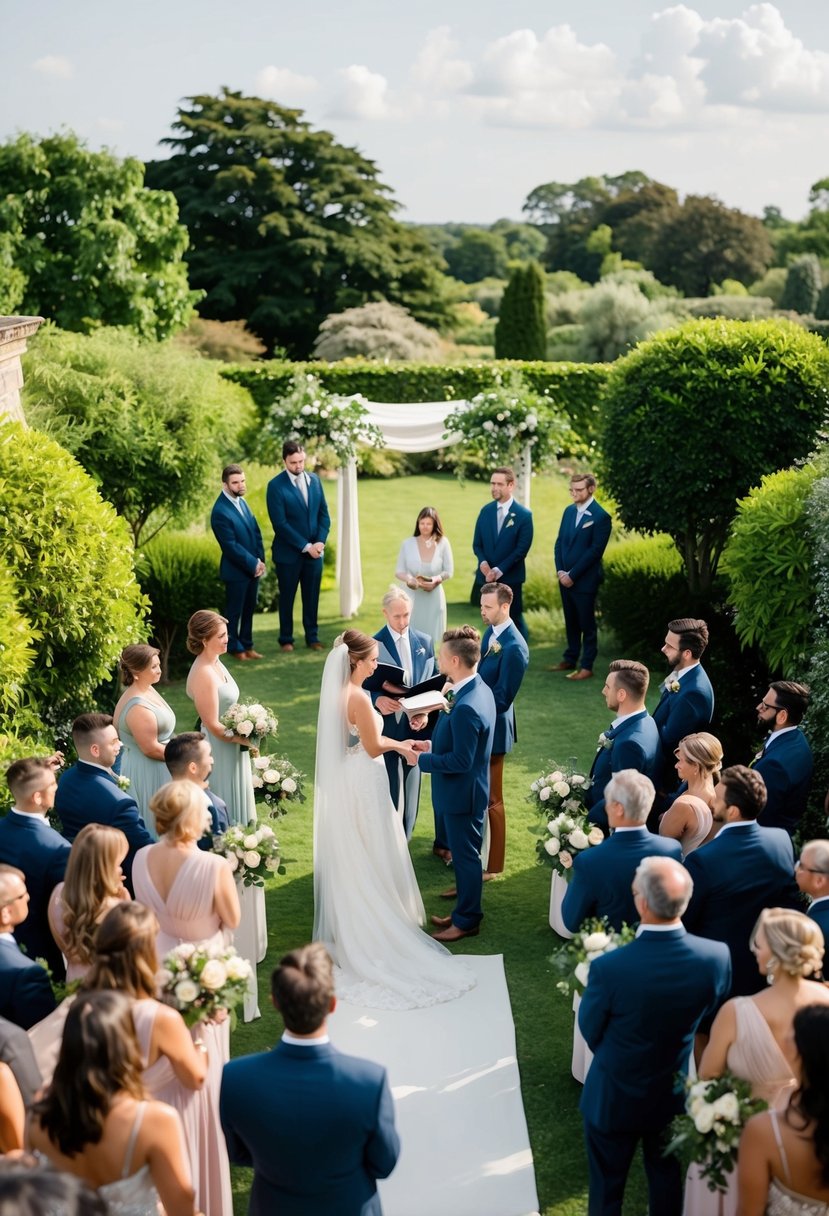 Aerial view of a wedding ceremony in a lush garden, capturing the exchange of vows and rings with a focus on natural surroundings