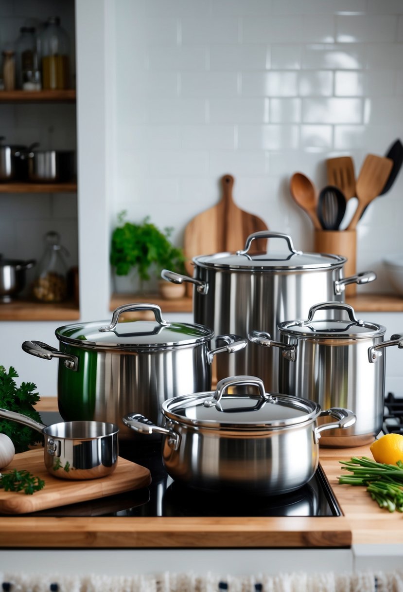 A gleaming set of All-Clad stainless steel cookware, arranged on a kitchen counter with various utensils and ingredients nearby