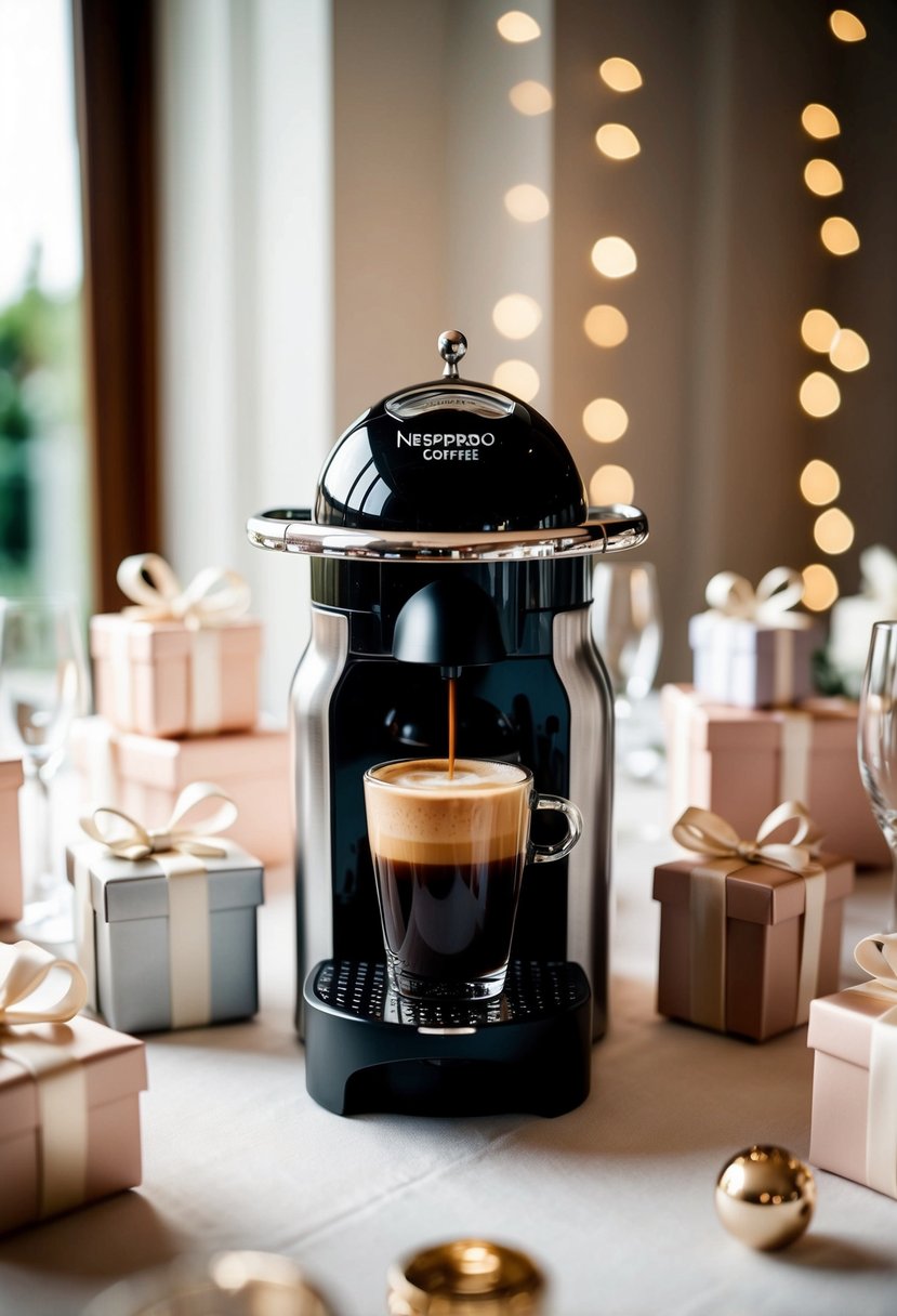 A Nespresso coffee machine surrounded by elegant wedding gifts on a table