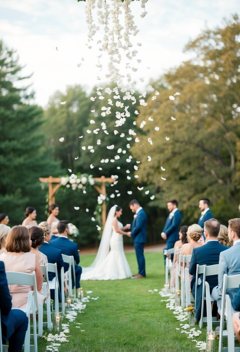 A serene outdoor wedding ceremony with petals falling gently from the sky