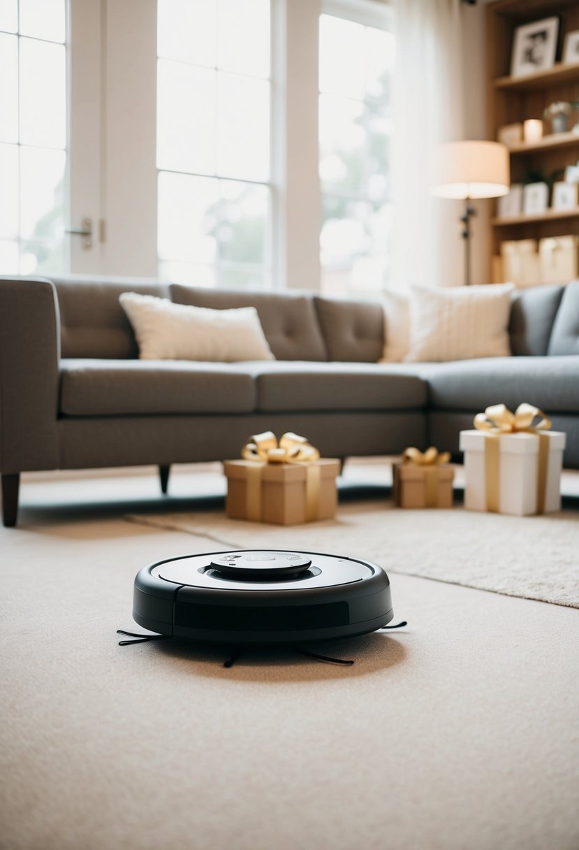 A Roomba vacuum glides across a newlywed's living room, surrounded by wedding gifts