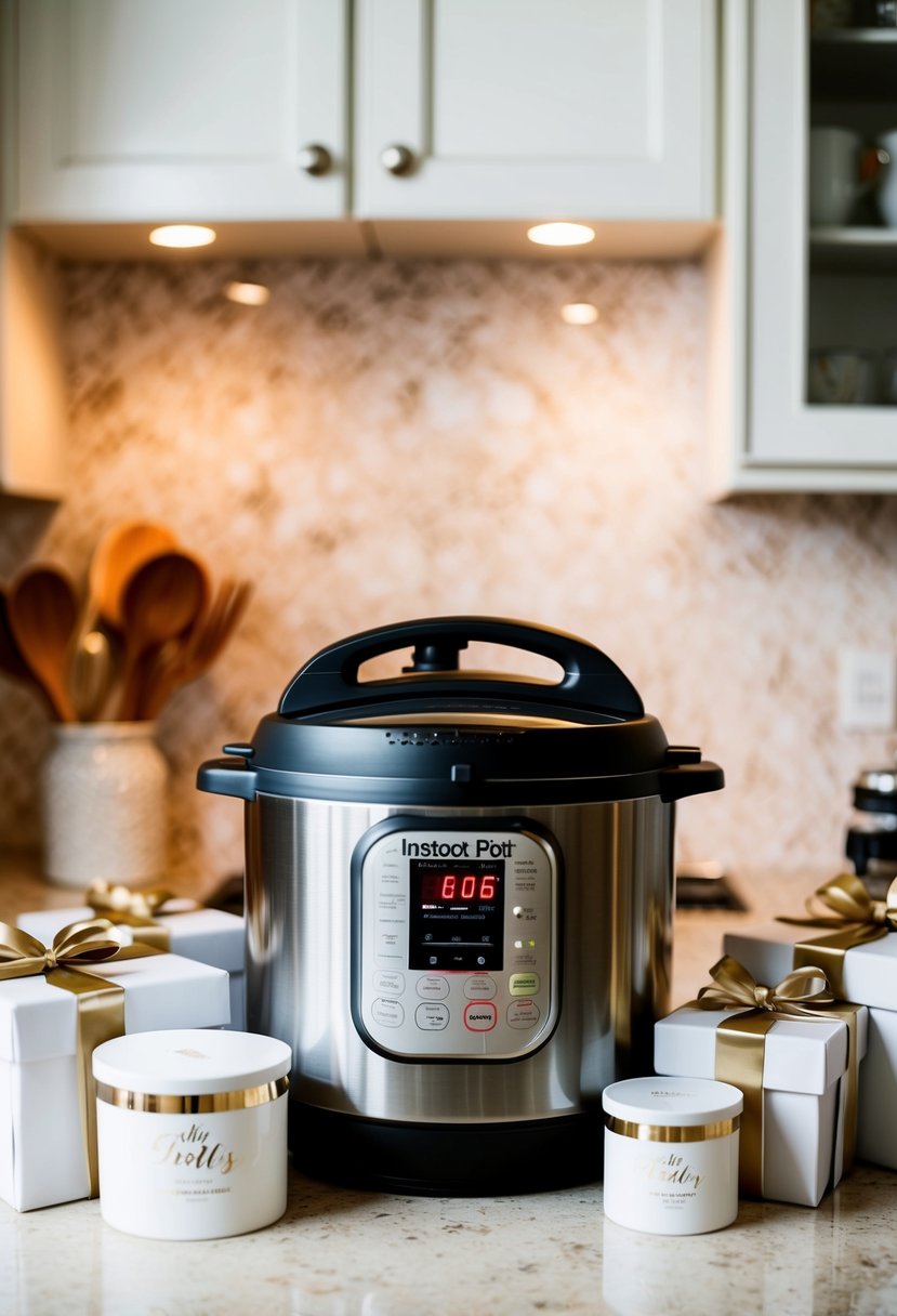 An Instant Pot sits on a kitchen counter surrounded by wedding registry gifts