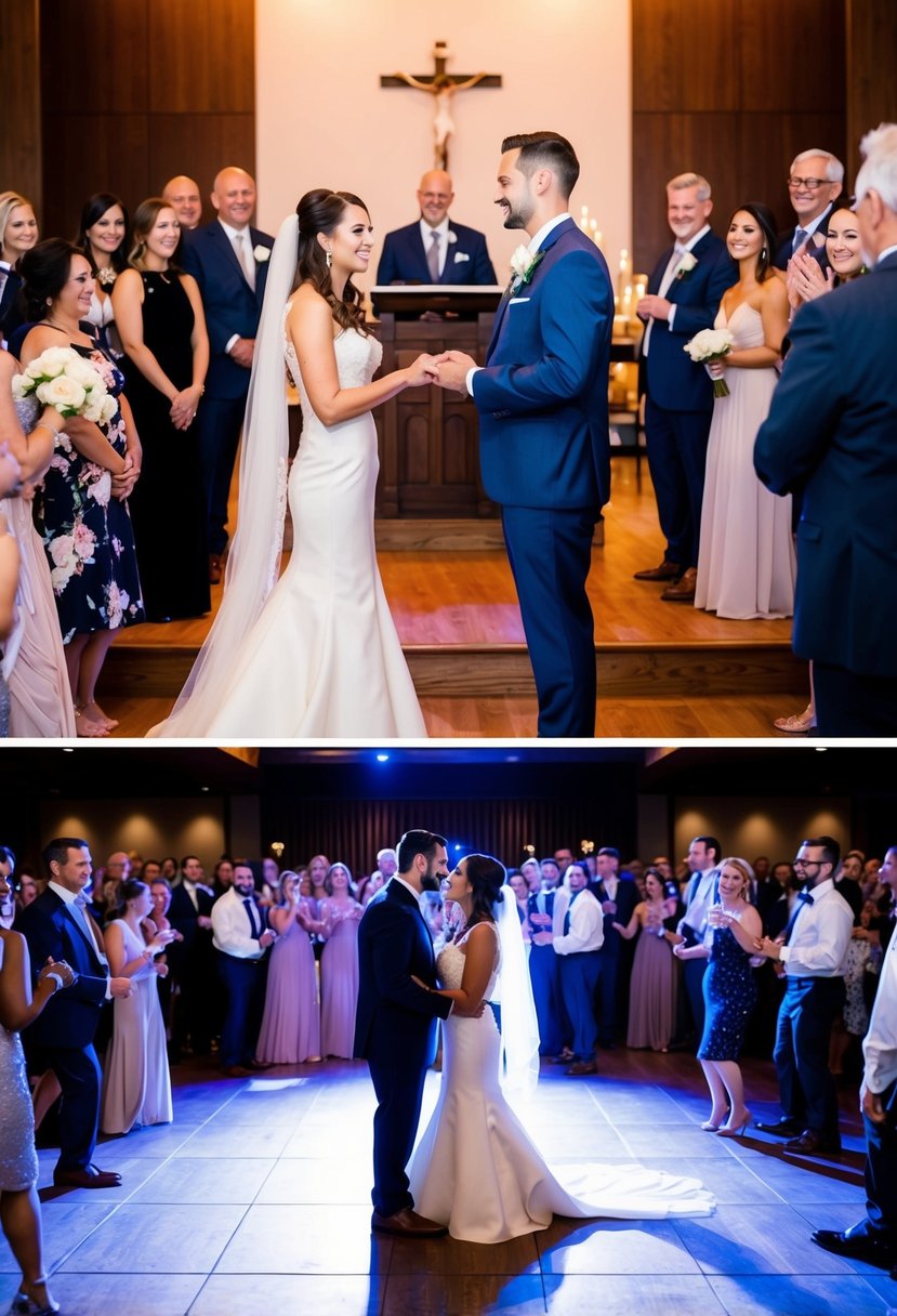 A couple standing at the altar exchanging vows, surrounded by family and friends. A dance floor filled with guests celebrating the newlyweds