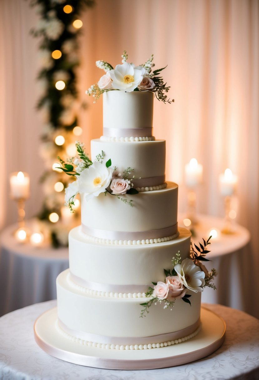 A three-tiered wedding cake adorned with delicate floral decorations and elegant piping, set against a backdrop of soft candlelight and romantic ambiance