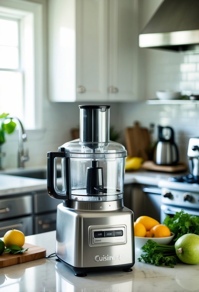 A Cuisinart Food Processor sits on a pristine kitchen counter, surrounded by gleaming stainless steel appliances and fresh produce