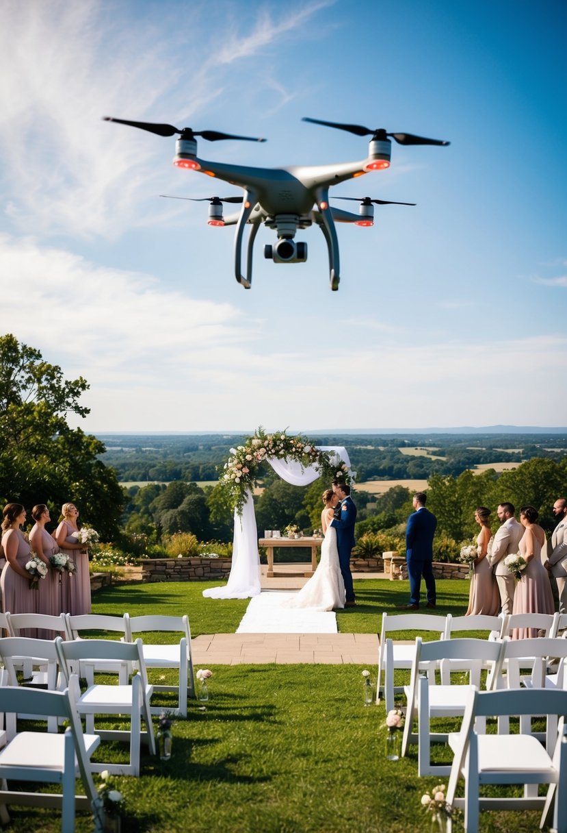 A drone hovers above a picturesque outdoor wedding venue, capturing sweeping shots of the ceremony and surrounding landscape for a dramatic wedding film