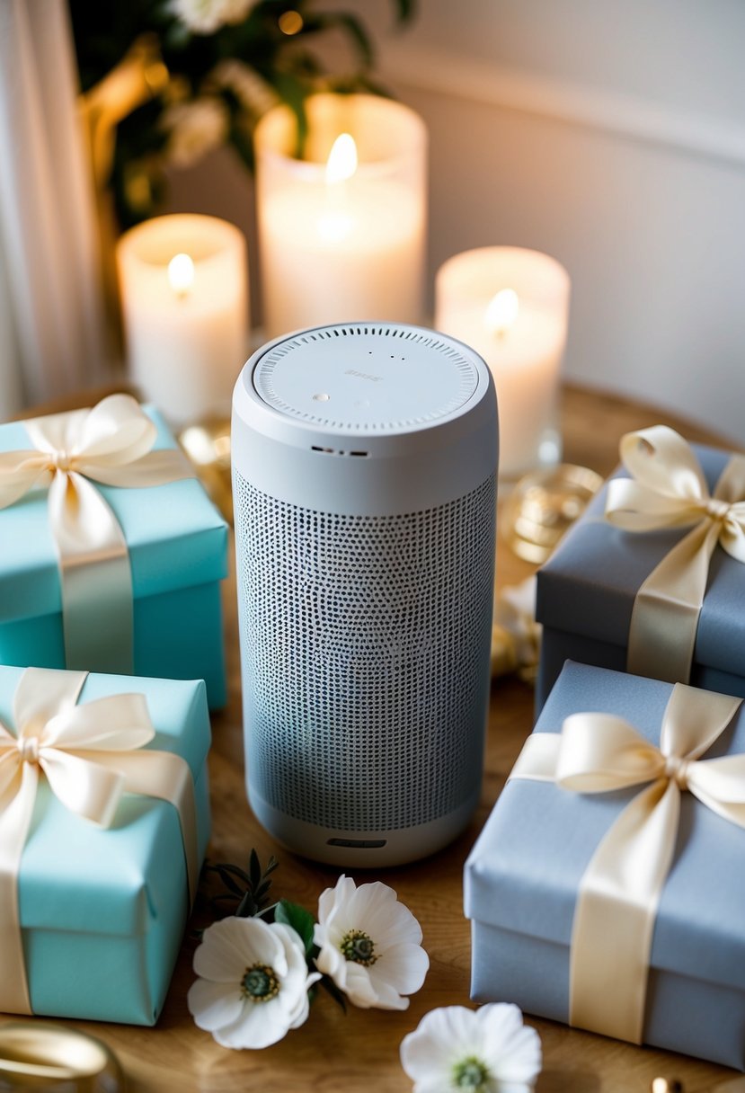 A beautifully wrapped Bose SoundLink Bluetooth Speaker sits among other wedding registry gifts, surrounded by elegant decor and soft lighting