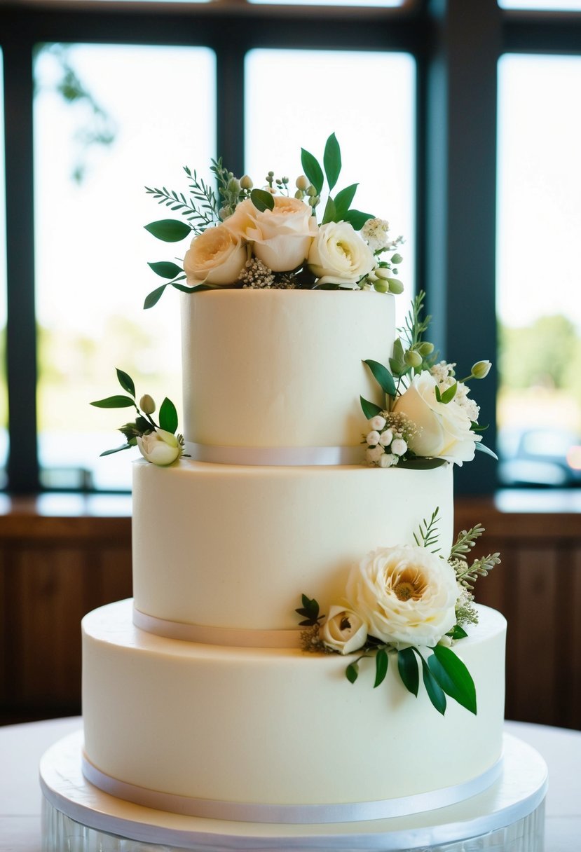 A one-tier wedding cake adorned with elegant floral decorations