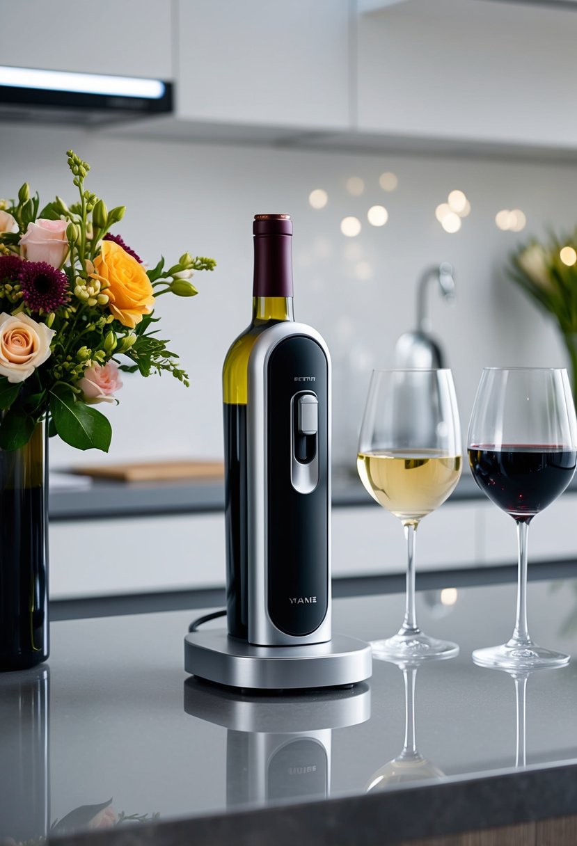 An electric wine opener sitting on a sleek, modern kitchen counter, surrounded by a bottle of wine, glasses, and a bouquet of flowers