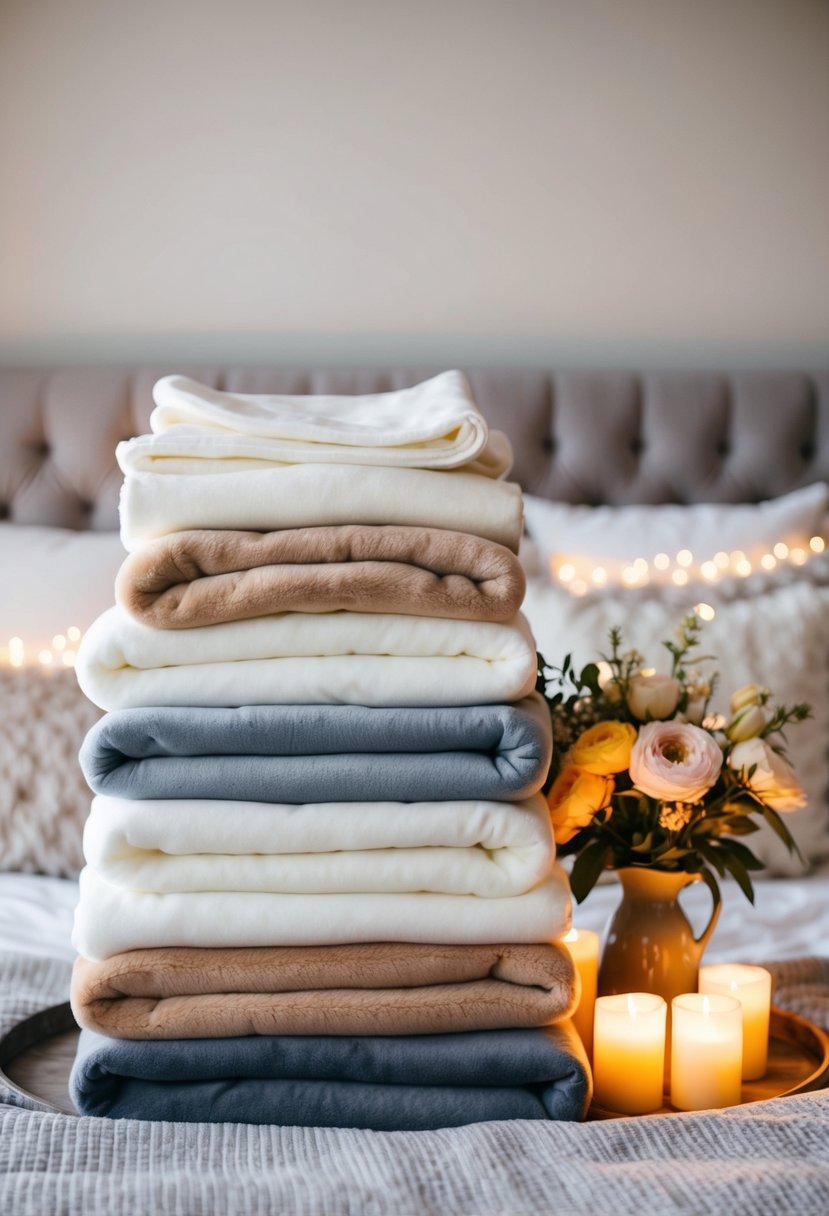 A stack of soft, plush blankets arranged neatly on a bed, surrounded by glowing candles and a vase of fresh flowers