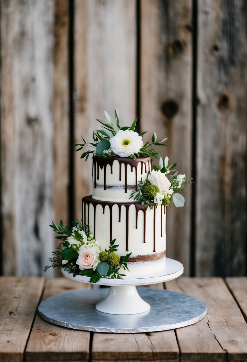 A one-tier wedding cake with chocolate drip, adorned with fresh flowers and greenery, set against a rustic wooden backdrop