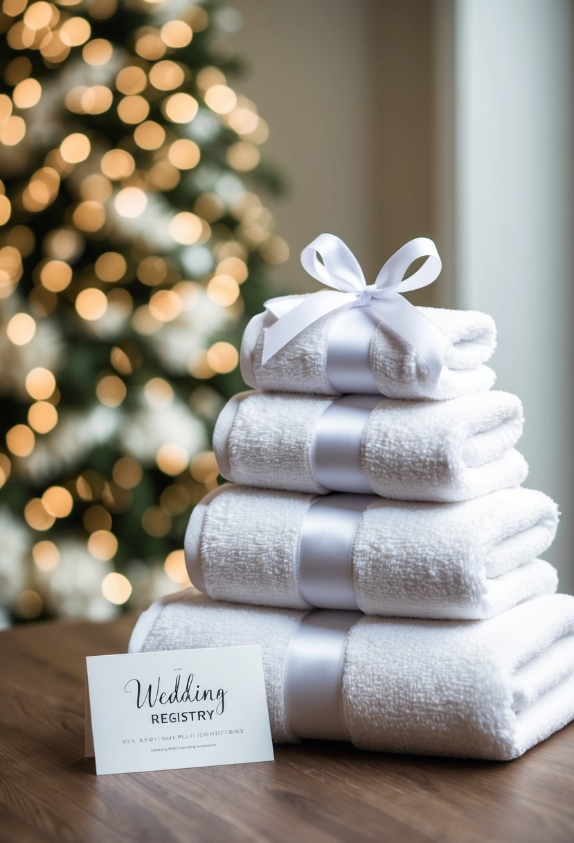 A stack of plush, white luxury bath towels arranged with a ribbon and a wedding registry card