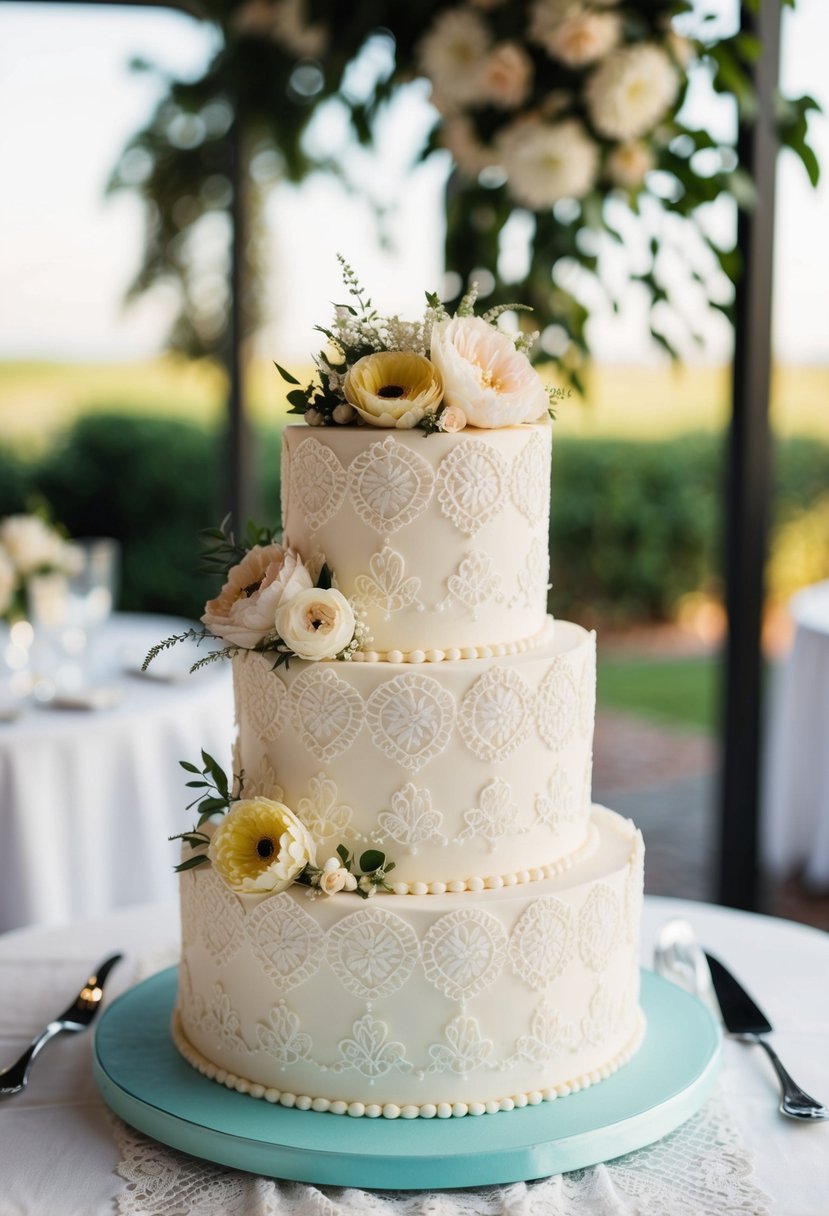 A vintage lace one-tier wedding cake adorned with delicate floral details and intricate lace patterns