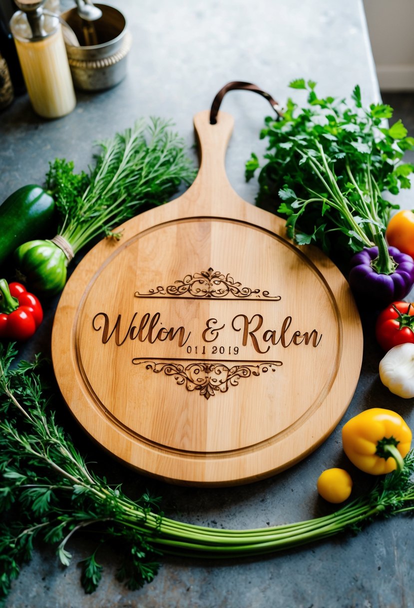 A couple's names and wedding date engraved on a wooden cutting board, surrounded by fresh herbs and colorful vegetables, placed on a rustic kitchen counter