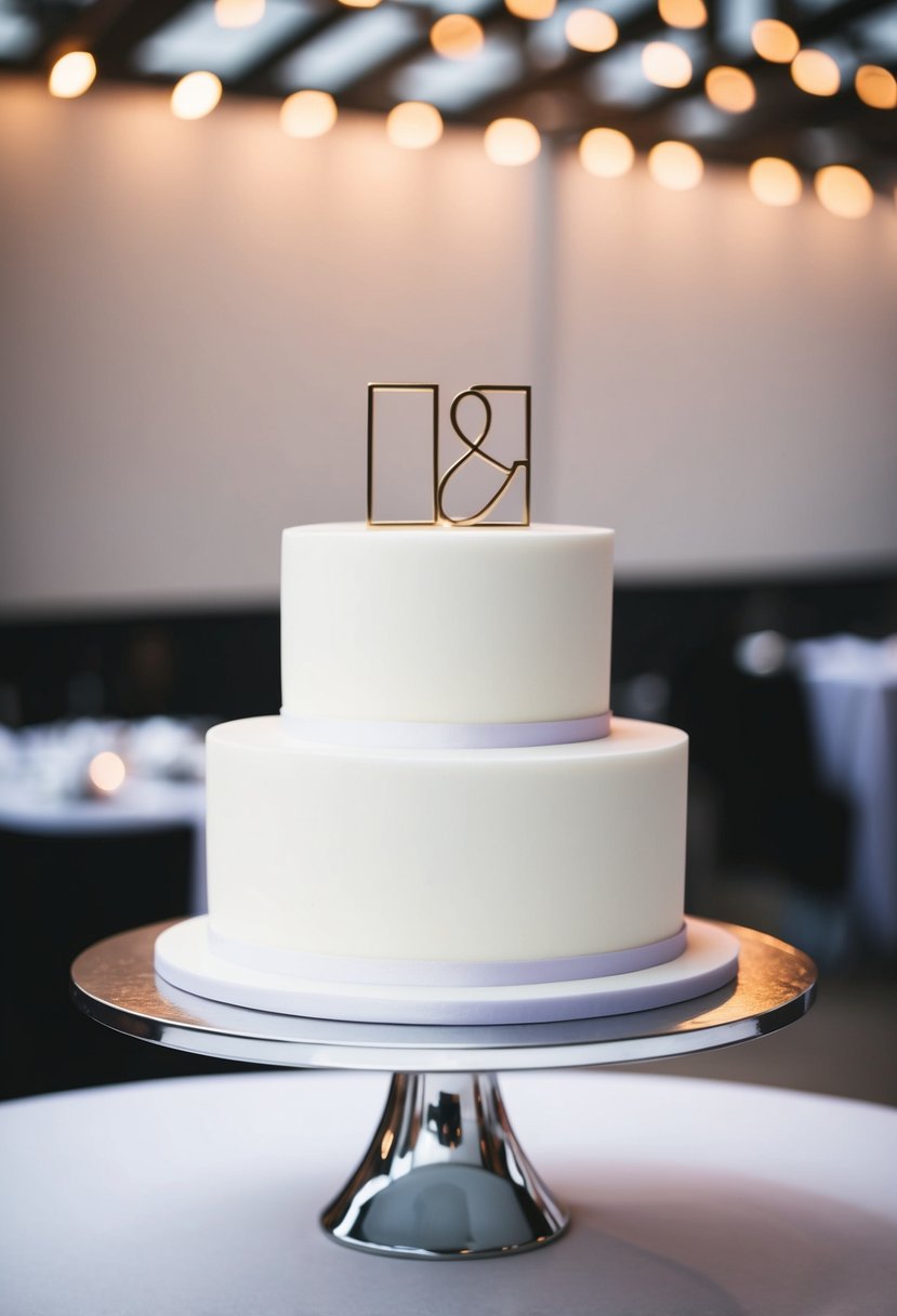 A simple, single-tier white wedding cake with clean lines and minimal decoration, set on a sleek, modern cake stand