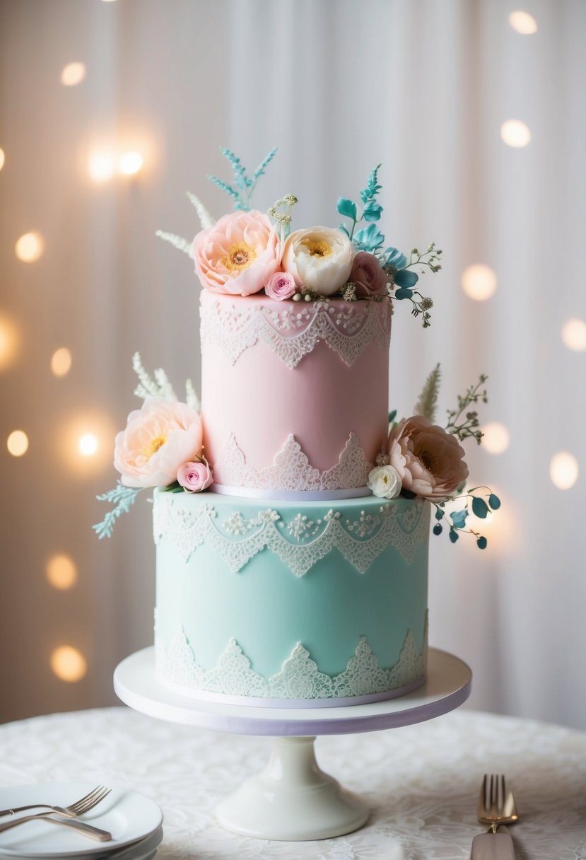 A pastel-colored one-tier wedding cake adorned with whimsical floral and delicate lace details, set against a backdrop of soft, dreamy lighting