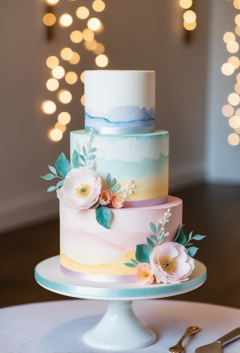 A delicate watercolor wedding cake with pastel hues and elegant floral accents