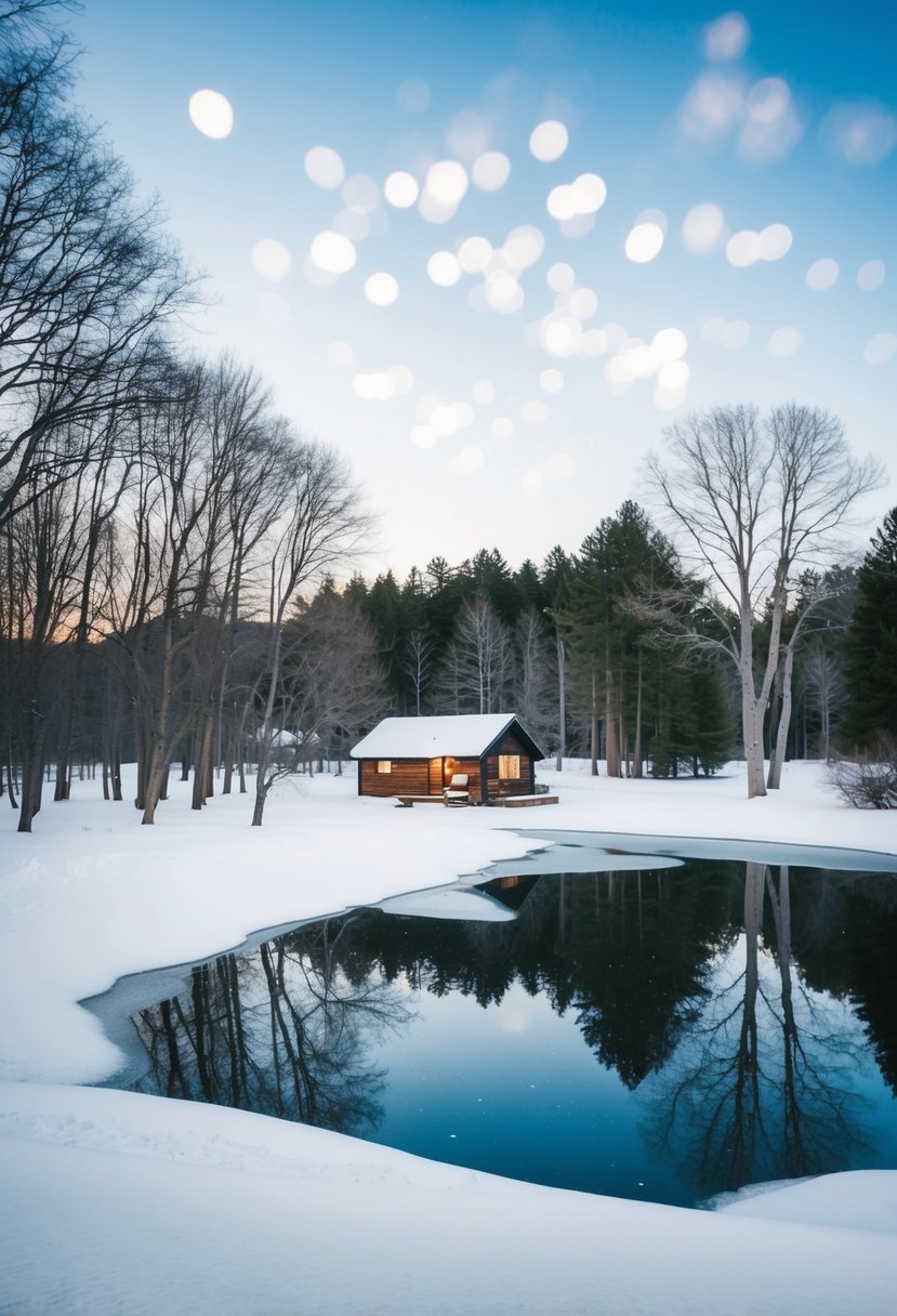 A snowy landscape with a frozen pond, bare trees, and a small, cozy cabin