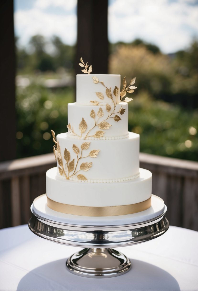 A white one-tier wedding cake adorned with delicate gold leaf accents, sitting on a polished silver cake stand