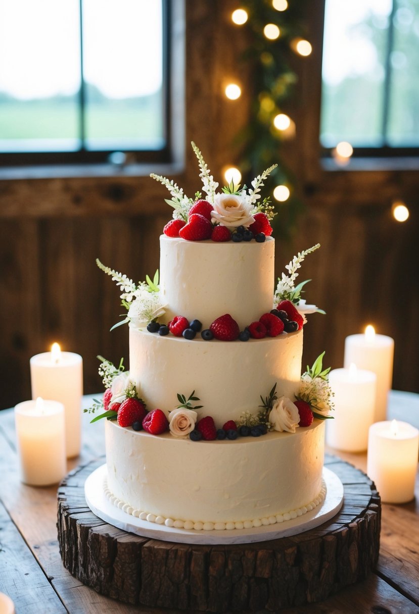 A one-tier wedding cake adorned with fresh berries and delicate floral accents sits atop a rustic wooden table, surrounded by soft candlelight