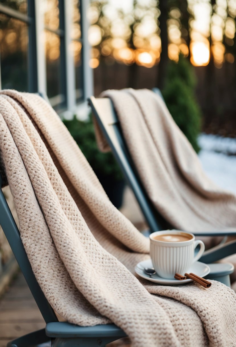 Cozy blankets draped over outdoor chairs, with a steaming cup of cocoa nearby