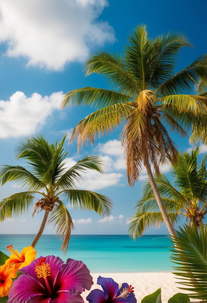 A colorful tropical paradise with palm trees, coconuts, hibiscus flowers, and a serene beach backdrop