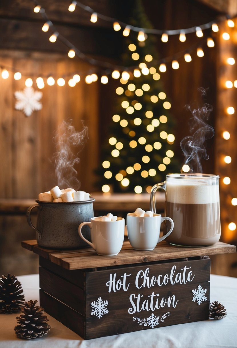 A cozy winter wedding venue with a rustic hot chocolate station, complete with steaming mugs, marshmallows, and a festive backdrop of twinkling lights and snowflakes